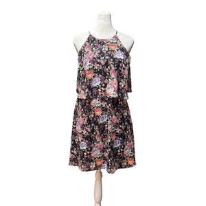 Aqua Womens Size XS Black Floral Tiered Halter Dress Keyhole Closure Lined
